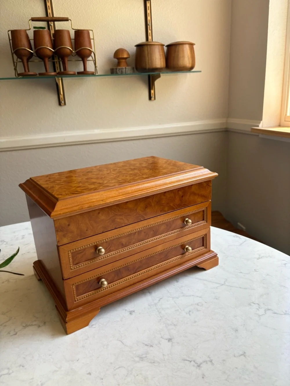 Vintage Wood Jewelry Box with Two Drawers - Brown